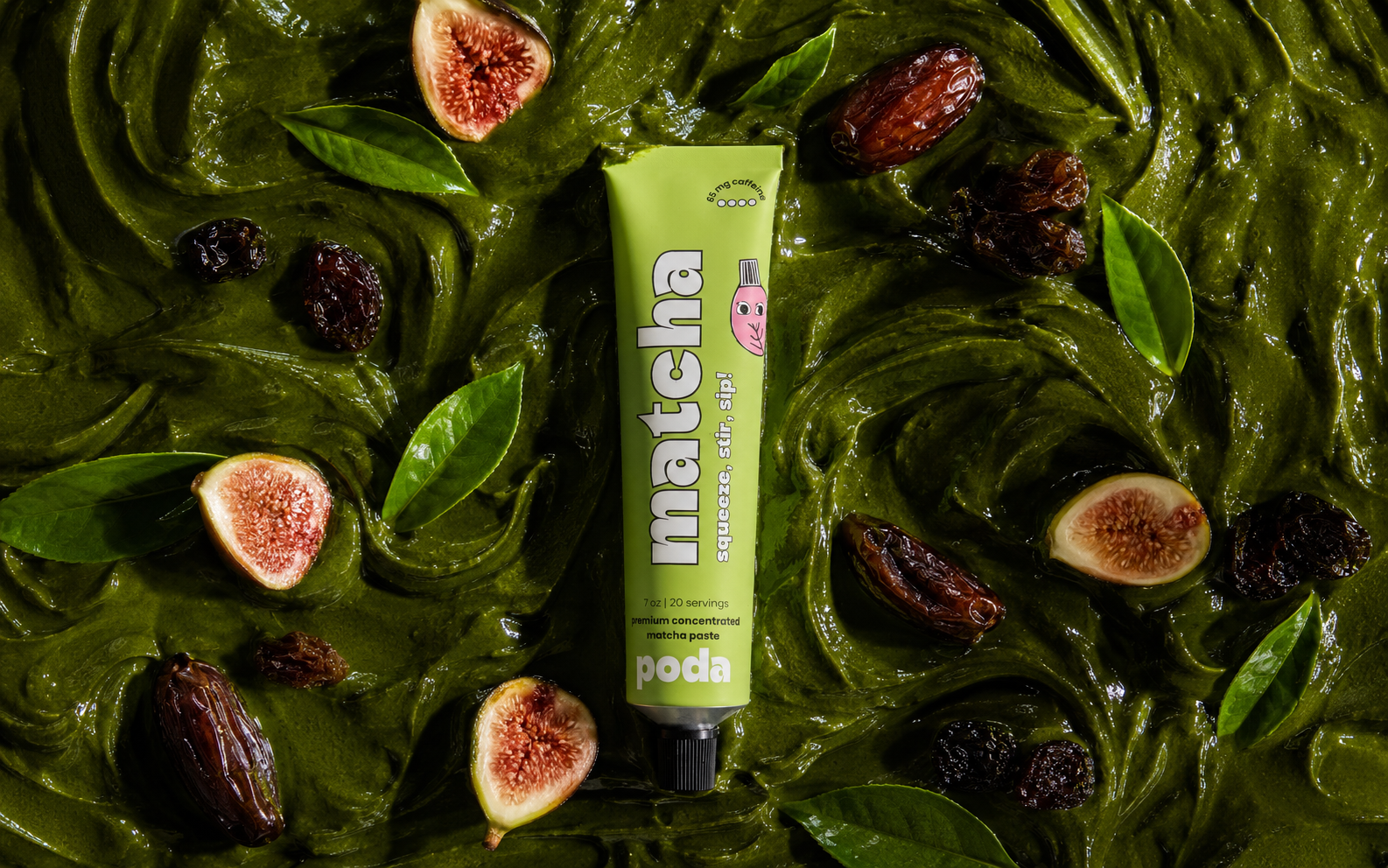 clean ingredient layout for Poda matcha paste with matcha leaves and fruit props