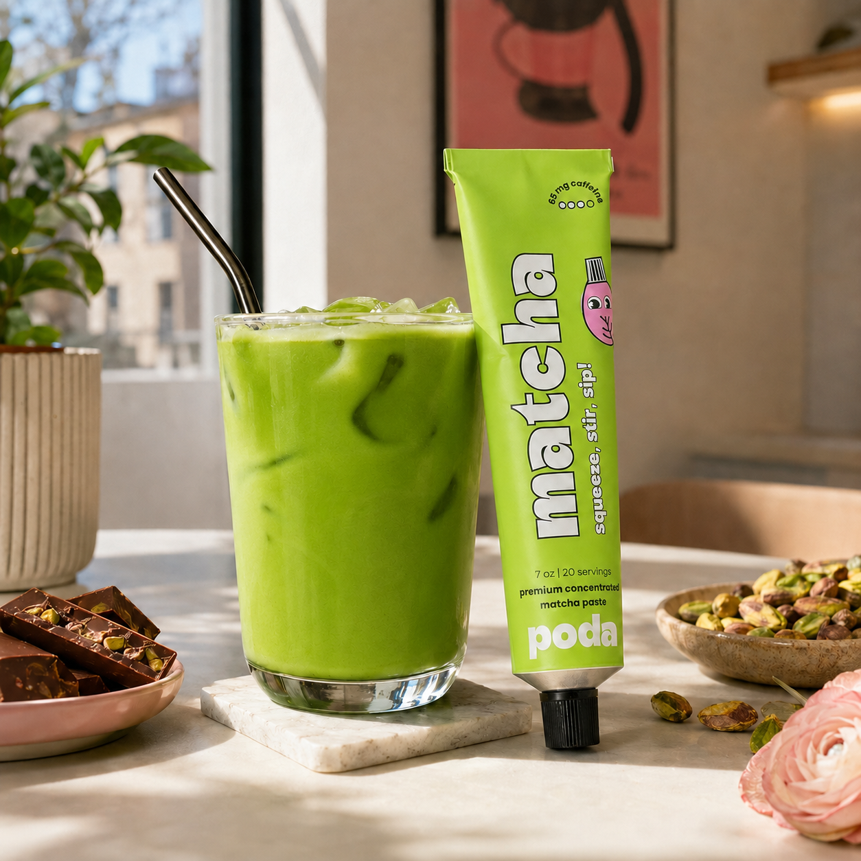 Creamy iced Poda matcha latte beside a Poda matcha paste tube